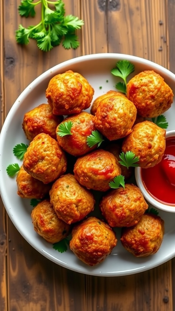 Crispy Italian meatballs on a plate with marinara sauce and parsley on a rustic table.